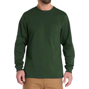 Men's Green Long Sleeve Crew Neck T-Shirt With Chest Pocket Regular Fit Casual Wear 100% Cotton Jersey Fabric - Product Image 1