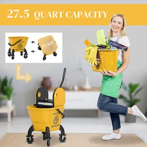 Secchio per Mop con Strizzatore in Plastica PP da 27,5 Qt su Ruote per Pulizia Pavimenti, Capacità 30L con Manico e Mop Giallo - Product Image 4