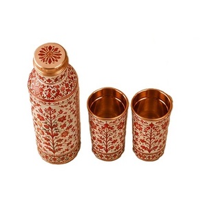 Modern Chevron Pattern <b>Metal</b> <b>Water</b> <b>Bottle</b> with Copper Lid and Matching Cups Portable Travel Drinkware Set - Product Image 3