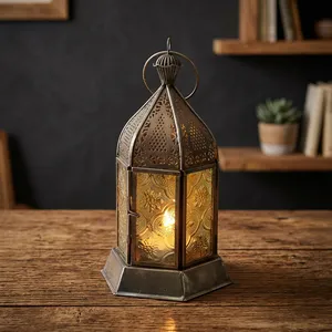 Hexagon <b>Metal</b> <b>Lantern</b> with Embossed Moroccan Design Durable Home Decoration Candle Holder - Product Image 3