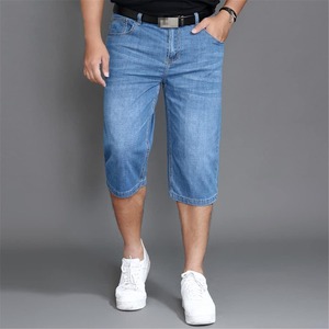New Big Size Long Length <b>Mens</b> Streetwear Denim Shorts Breathable High Waist Loose <b>Stretch</b> Knitted Thin Summer Lightweight - Product Image 4