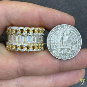Bague de luxe en argent sterling 925 avec chaîne cubaine, diamant de laboratoire taille émeraude central et bordure à maillons sertis de diamants, bijoux pour homme - Product Image 3