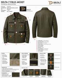 Veste en cuir vert olive pour homme, style workwear, col rabattu, design à patchs, coupe-vent, vêtement d'automne - Product Image 6