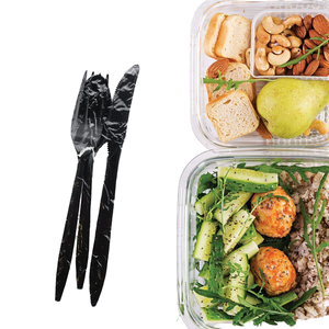 Paquetes de Cubiertos Desechables Biodegradables para Fiestas con Cuchillo, Tenedor, Cuchara, Servilleta, Sal y Pimienta, Juegos de Plástico Negro Envueltos Individualmente - Product Image 1