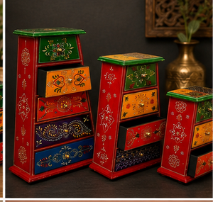Handmade Wooden Chest With 4 Drawers Traditional Painted <b>Storage</b> <b>Box</b> Red Green Orange <b>Blue</b> Decorative Design - Product Image 6