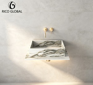 Évier rectangulaire mural en marbre RICO GLOBAL avec robinet à bouton plaqué or, design minimaliste pour salle de bain - Product Image 1
