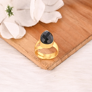 Gold Plated Black Onyx Gemstone <b>Ring</b> Handmade <b>Adjustable</b> Stylish Brass Jewelry for Women - Product Image 4
