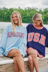 เสื้อสเวตเชิ้ตคอกลมสีฟ้าอ่อนทรงโอเวอร์ไซส์ พิมพ์ลายตัวอักษร America ขายส่ง เสื้อสเวตเชิ้ตคอกลมทรงโอเวอร์ไซส์สำหรับผู้หญิง ผ้าฟลีซ - Product Image 5