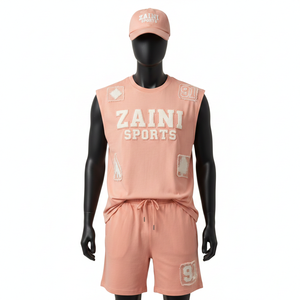 ชุดเสื้อยืดแขนกุดและกางเกงขาสั้นผู้ชาย ผ้าคอตตอนผสมเฟรนช์เทอร์รี่ ระบายอากาศได้ดี สีพีชล้วน รับสกรีนโลโก้ - Product Image 6