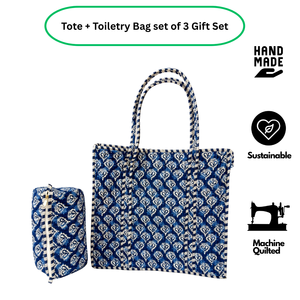 Bolsa de Mano Acolchada de Algodón con Estampado Jaipur Azul y Blanco + Set de Bolsa de Aseo, 3 Cierres, Hecha a Mano, Plegable, Ecológica y Ligera - Product Image 2