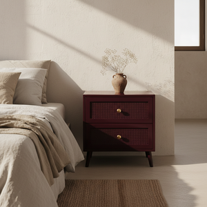 โต๊ะข้างโซฟา 2 ลิ้นชัก ดีไซน์ทันสมัย เป็นมิตรกับสิ่งแวดล้อม 5+ ช่องเก็บของ ทำจากไม้ยางพารา MDF ปิดผิวโอ๊ควีเนียร์ ตกแต่งด้วยหวาย เหมาะสำหรับห้องนั่งเล่น - Product Image 4