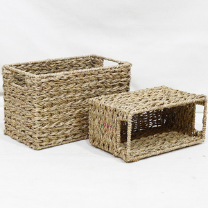 Natural Rustic Seagrass Woven Eco-Friendly Storage <b>Basket</b> Set <b>Rectangular</b> Shelf Organizer Bins with Built-in Handles - Product Image 1