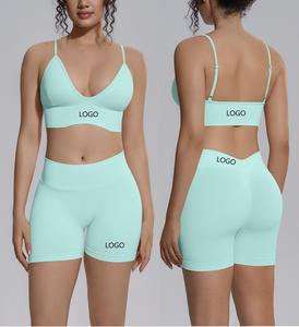 Wholesale Famous Brand Solid Breathable <b>Yoga</b> <b>Pilates</b> Stretch Seamless Ribbed Mid Front Eco-Friendly Spandex Crew Neck Shorts - Product Image 6