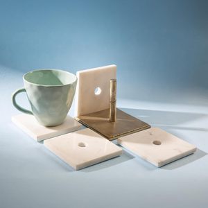Handmade White Marble <b>Coaster</b> Set with Brass Holder Square <b>Drink</b> <b>Coasters</b> Modern Table Decor Coffee Table Accessories Set of 4 - Product Image 4