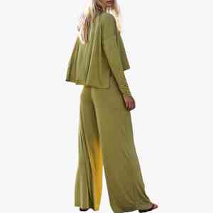 Nouvel Arrivage Ensemble Deux Pièces Tricoté Vert Olive pour Femme : Haut à Manches Longues et Pantalon Large Coupe Ample – Tenue Décontractée Printemps en Jersey - Product Image 2