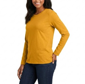 T-shirt décontracté pour femme, col rond, manches courtes, tricoté, coupe classique, respirant, écologique, séchage rapide, jaune moutarde, 100% coton - Product Image 5