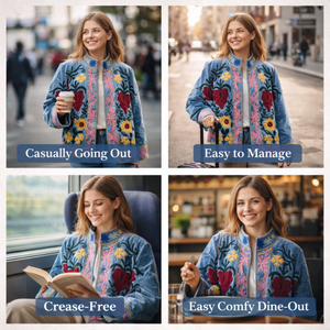 Chaqueta Bomber Bordada en Terciopelo Azul Hecha a Mano para Mujer, Mangas Largas, Cuello Alto, Abrigo de Invierno con Bolsillos - Product Image 4