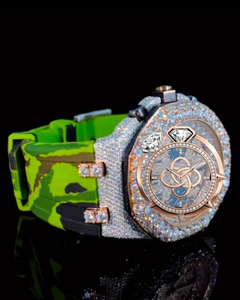 Reloj de Lujo para Hombre con Correa de Camuflaje Verde, Diamantes Moissanite, Bisel Azul Hielo en Oro Rosa, Estilo Hip Hop, Cronógrafo - Product Image 2