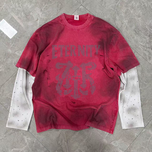 เสื้อยืดพรีเมียมผ้าฝ้ายย้อมสีสไตล์วินเทจ พิมพ์ลายกราฟิกประดับเพชรเทียม ฮิปฮอป ไซส์ใหญ่พิเศษสำหรับผู้ชาย สตรีทแวร์ - Product Image 1