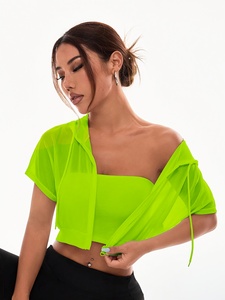Women's <b>Neon</b> Green Chiffon V-Neck Crop <b>Top</b> With Zipper Front Short Sleeve Sexy Club Wear Summer Style - Product Image 2