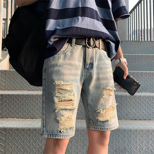 Nouveaux shorts en jean délavé pour hommes, coupe droite, respirants, 100 % coton, style vintage, effet usé - Product Image 3