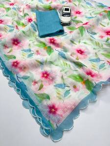 Ensemble Saree-Blouse en Lin de Qualité Supérieure avec Impression Numérique et Bordure Découpée, Design Moderne – Achetez en Ligne en Inde - Product Image 5