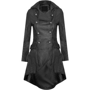 Abrigo de Cuero Gótico de Alta Calidad para Mujer, Cierre de Botones Cruzados y Cola Dramática, Superventas - Product Image 1
