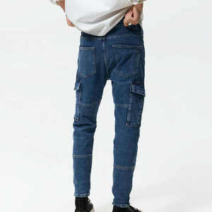 <b>High</b> <b>Waist</b> Slim Fit Cargo Denim <b>Jeans</b> <b>Men</b> Solid Blue Utility Style Midweight Cotton Autumn Wear - Product Image 6