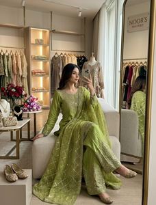 Fendy Silk <b>Sequin</b> Kurta Pearl Latkan Palazzo Pants Elastic Waist Co Ord Fully Stitched Women Ethnic Salwar Suit Set - Product Image 3