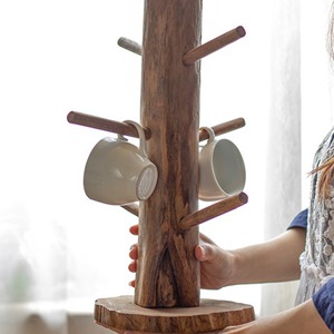 Rustic Double Tier Wooden Mug <b>Tree</b> <b>Stand</b> Floor Type Coffee Cup Holder Rack 6 Hooks Kitchen Home Caf Office Eco Friendly - Product Image 2