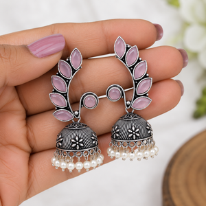 Rose Quartz Marquise Oxidized <b>Silver</b> indian <b>Dangle</b> Jhumka <b>Earrings</b> for Women | Premium Quality | Hot Selling Ready Stock - Product Image 1