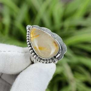 แหวนรูปทรงลูกแพร์ประดับรูไทล์สีทองทำมือ เครื่องประดับเงินแท้สไตล์โบฮีเมียน แหวนควอตซ์รูไทล์ธรรมชาติ ขนาด 675 สำหรับผู้หญิง - Product Image 6