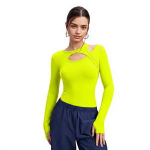 เสื้อโยคะแขนยาวสีน้ำตาลสำหรับผู้หญิง คอไขว้ ตัดเย็บแบบเว้า ดีไซน์กระชับรูปร่าง ยืดหยุ่นได้ - Product Image 5