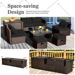 Set di mobili da giardino in Rattan salvaspazio in 8 pezzi con scatola di immagazzinaggio e copertura impermeabile per l'utilizzo dello spazio giardino - Product Image 3