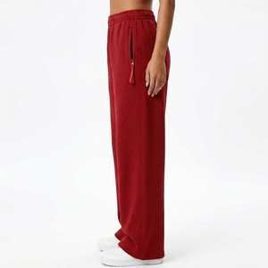 Pantalon large rouge de qualité supérieure pour femme, taille élastique avec cordon de serrage, coupe décontractée, doux et fluide, vêtement décontracté, personnalisable OEM - Product Image 3