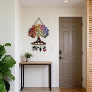Porte-clés mural en bois à motif d'arbre coloré, design original, pour le rangement des clés, la décoration et l'organisation de l'entrée, provenant d'Inde. - Product Image 3