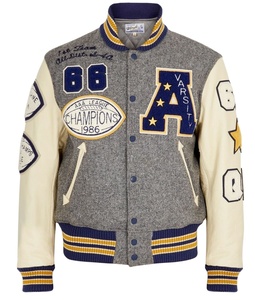 Chaqueta Varsity Gris para Hombre Winfield con Parches Bordados y Diseño de Letra A, Estilo Preppy, Ropa de Otoño - Product Image 1