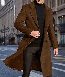 Manteau élégant pour homme en mélange de laine, marron uni, manches longues, col à revers, ouverture devant, vêtement d'extérieur chaud pour l'hiver - Product Image 2