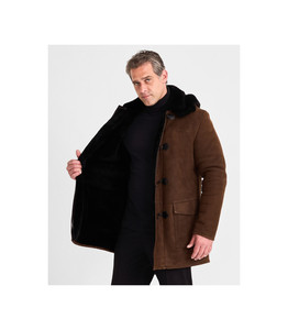 Manteau d'hiver en laine marron pour homme avec col en fausse fourrure, col rabattable, coupe-vent, style décontracté, coupe régulière - Product Image 2