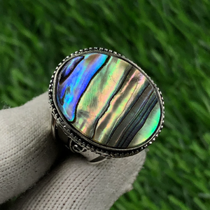Vintage Cocktail Ring With Iridescent <b>Shell</b> Inlay 925 Silver Bezel Setting Unisex Everyday Wear - Product Image 5