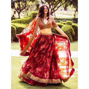 Hermoso granate floral impreso organza boda Lehenga Choli elegante vestido de novia para ocasiones especiales - Product Image 6