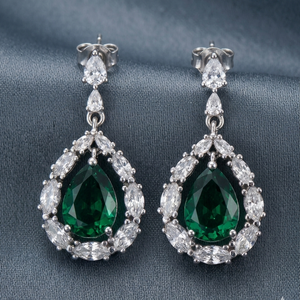 Green Hydro Dangle Earrings 5 Inch Length Pear Cut with CZ 925 <b>Sterling</b> <b>Silver</b> 18K Gold Plated Statement Jewelry - Product Image 2