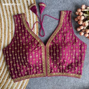 Proveedor de blusas con cuello en V, de la mejor tela de seda Banarasi con bordado de hilo-Zari-sequencia y trabajo de rayas individuales, de Surat. - Product Image 6