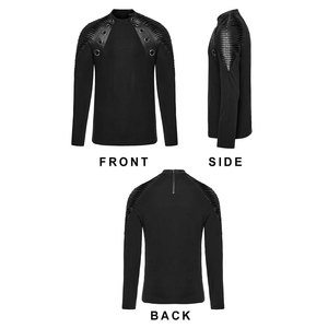 Men's Gothic Black Long Sleeve T-<b>Shirt</b> Slim Fit Top with 3D Pleated Faux Leather Shoulders and Rivet Details - Product Image 5