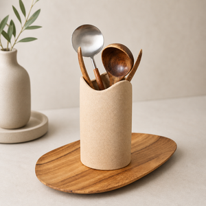Natural Ceramic <b>Utensil</b> <b>Holder</b> Matte Finish Ergonomic Cut Edge Thick Build Heat Safe <b>Kitchen</b> Countertop Storage Organizer - Product Image 1