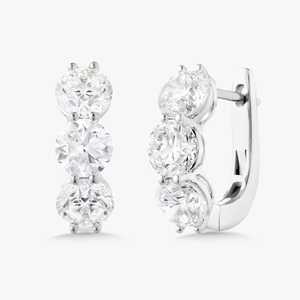 Three Stone <b>Huggie</b> Earring 14K 18K Solid Gold Round Cut Lab Grown Diamond Geometric Prong Set Hinge Hoops Fine Jewelry Wholesale - Product Image 3