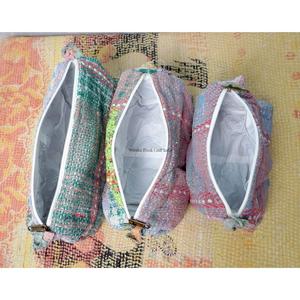 Indian Kantha Hand Block Print Cotton Cosmetic Bag Set with Tassel Zipper Closure Vintage Style-Women's Travel Makeup Pouch - Product Image 4