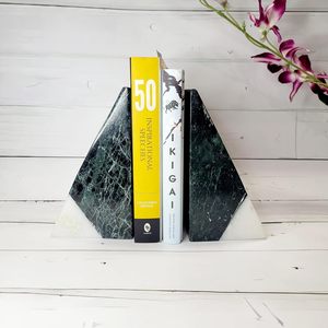 Modern Art Deco Green and White Marble Sculptural Bookends Luxury Natural Stone Holder for Home Office Bookshelf <b>Library</b> Decor - Product Image 1