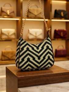 Geometric Pattern Canvas Hobo Handbag Chain <b>Strap</b> Zipper Shoulder Bag for Daily Travel Shopping - Product Image 2