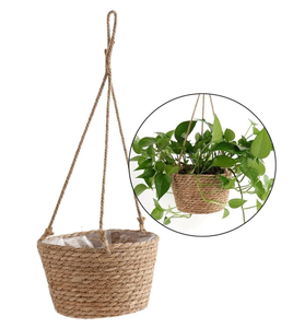 Pot suspendu en jonc de mer tressé fait main, style bohème, panier à fleurs rustique avec cordelette pour usage intérieur et extérieur - Product Image 4